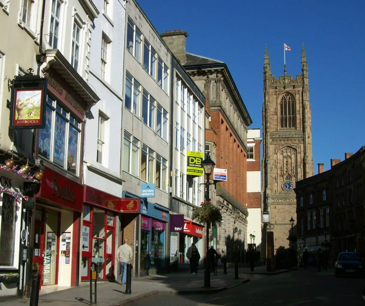 Iron Gate, Derby, with the cathedral tower above the shopfronts